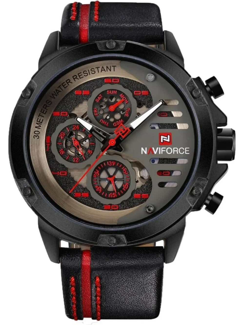 Men's Black Red Analog Quartz Leather Band Waterproof Sport Military Wrist Watch